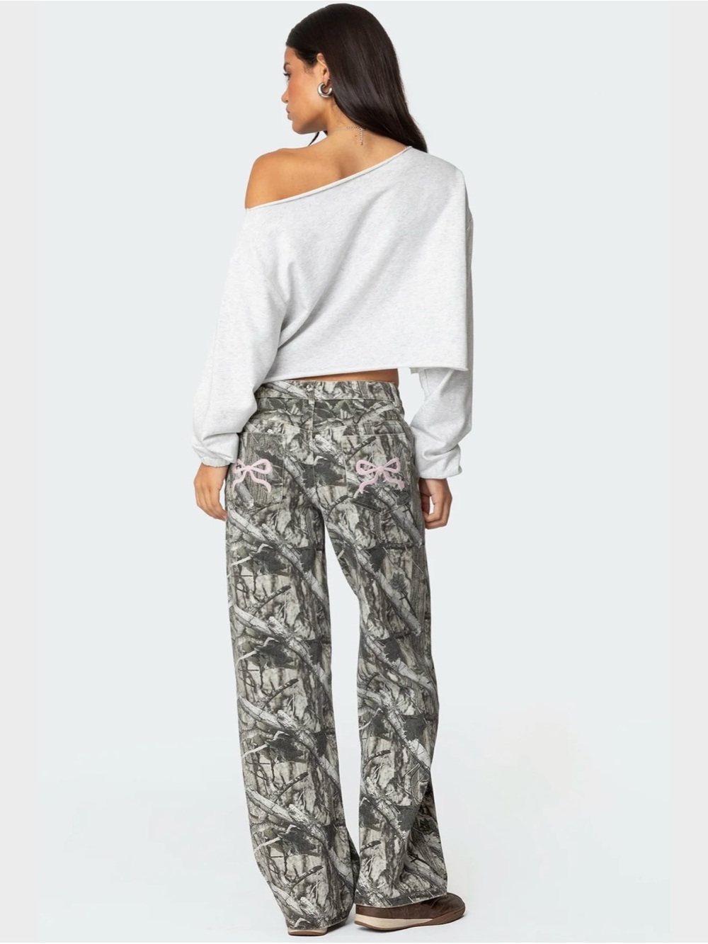 Edikted Camo & Bow Low Rise Baggy Jeans